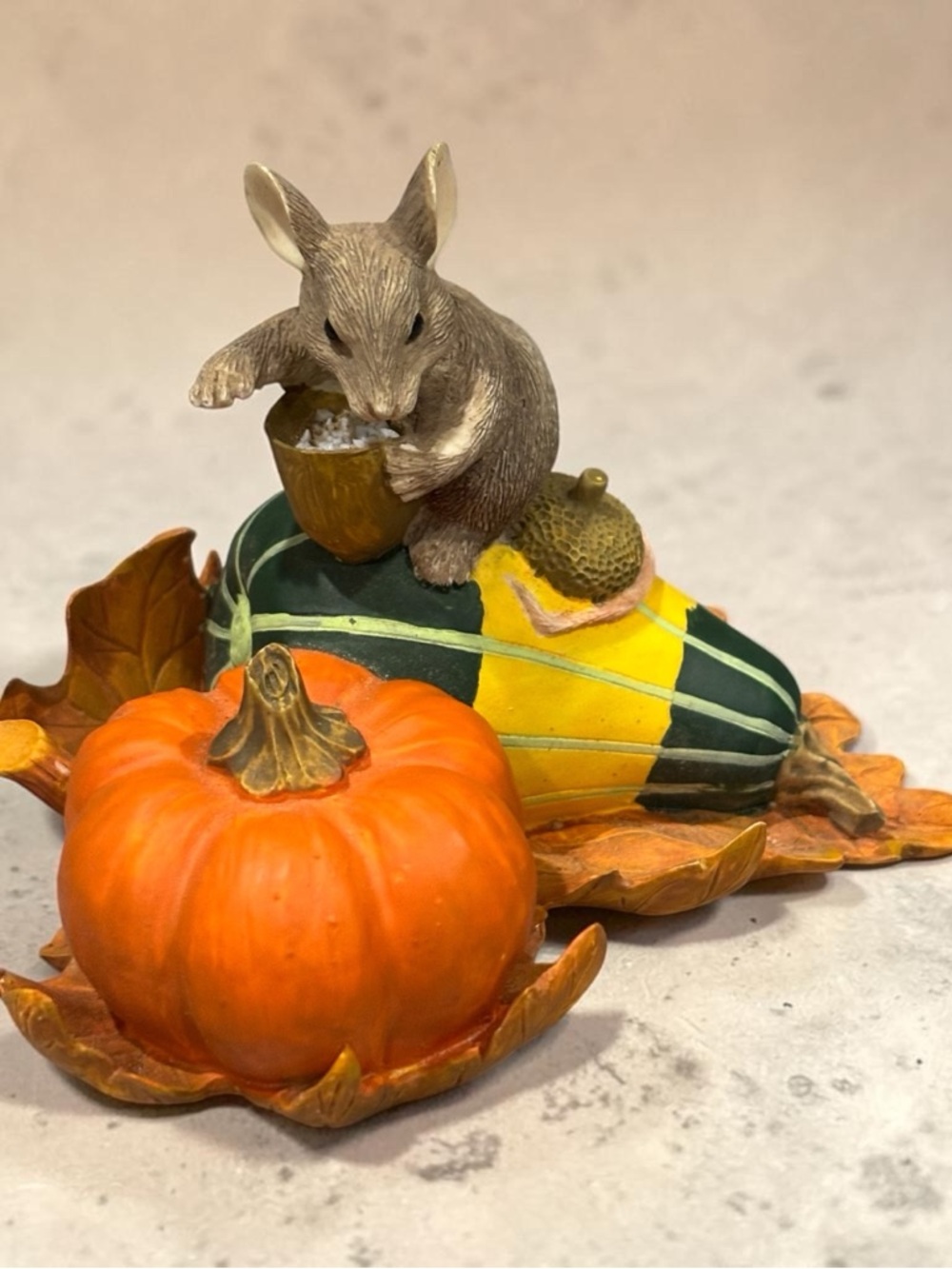 Autumn Mouse Figurine with Pumpkin & Gourd - Orange, Green & Yellow
